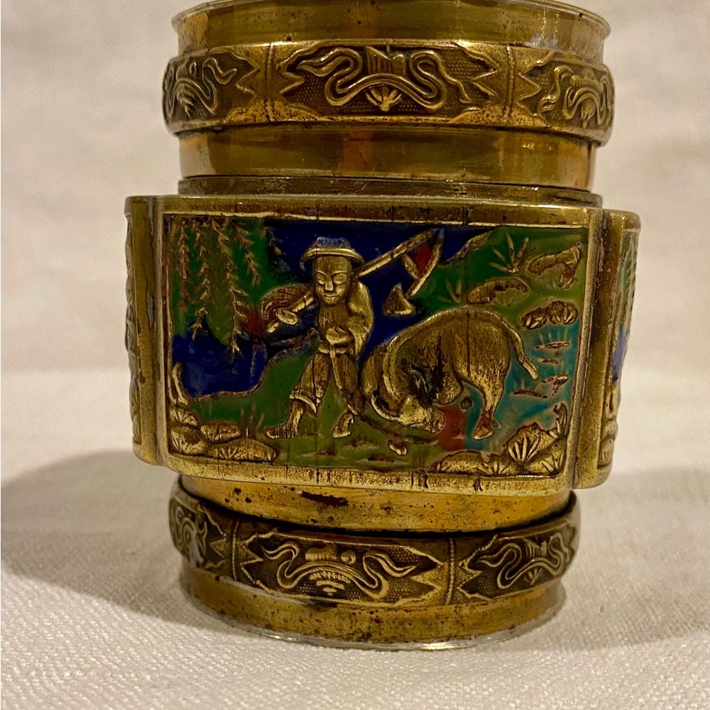 Vintage Chinese brass tea caddy - trinket box  - enameled imagery